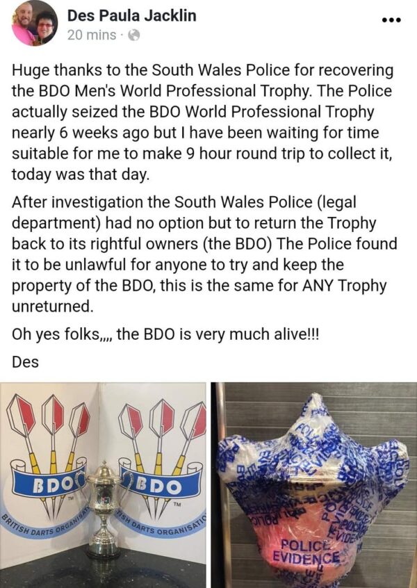 Des Jacklin has the BDO Trophy sized from Wayne Warren.
