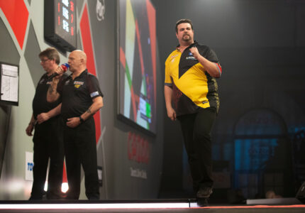 Gabriel Clemens on stage during the World Darts Championship