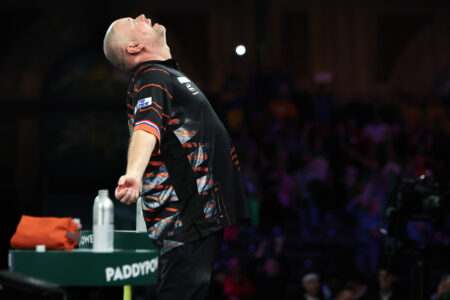 Raymond van Barneveld celebrates at the Paddy Power World Darts Championship.
