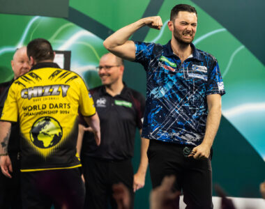 Luke Humphries celebrates at the PaddyPower World Darts Championship.