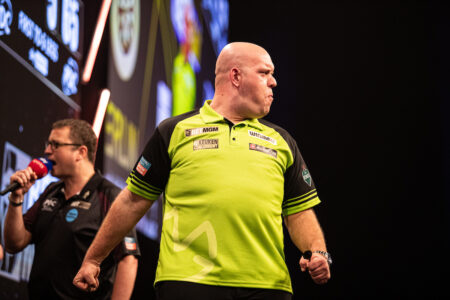 Michael van Gerwen celebrating at the 2024 Premier League Darts.