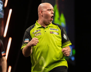 Michael van Gerwen on stage during the 2024 BetMGM Premier League Darts.
