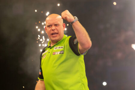Michael van Gerwen on stage during the 2024 BetMGM Premier League Darts.