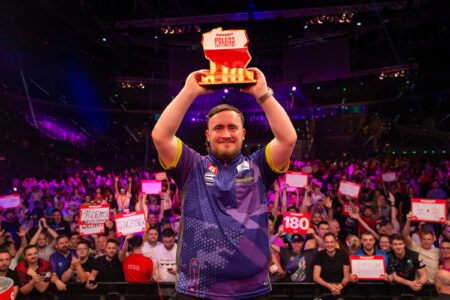 Luke Littler on stage during the 2024 World Series of Darts