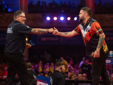 Michael Smith and Gary Anderson on stage at the World Matchplay 2024