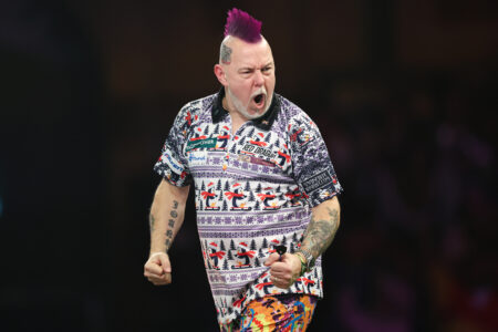 Peter Wright on stage during the 2025 Paddy Power World Darts Championship.