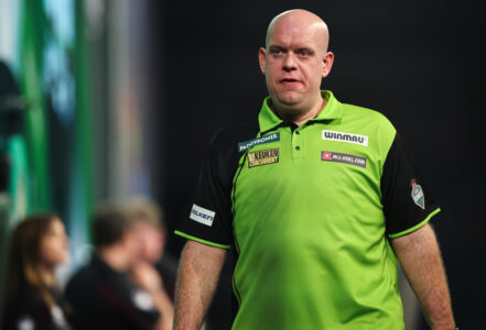 Michael van Gerwen on stage at the 2025 Paddy Power World Darts Championship.