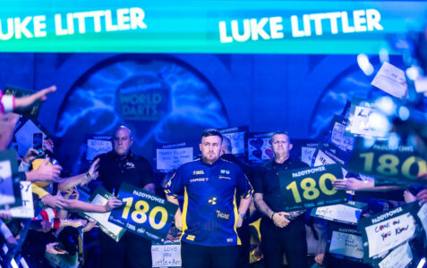 Luke Littler on the walk on area at the Paddy Power World Darts Championship.