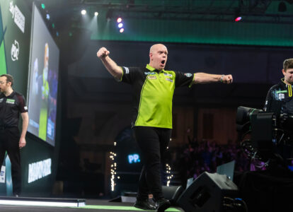 Michael van Gerwen on stage at the 2025 Paddy Power World Darts Championship.