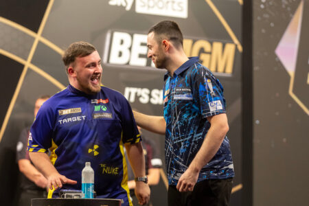 Luke Littler and Luke Humphries on stage during the 2025 Premier League darts.