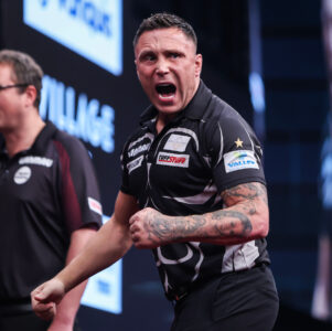 Gerwyn Price on stage at the 2026 Winmau World Masters.
