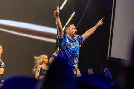 Luke Humphries on stage during the 2026 Premier League Darts.