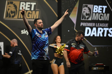 Luke Humphries on stage during the 2026 Premier League Darts.