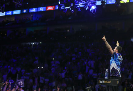 Luke Humphries on stage during the 2026 Premier League Darts.
