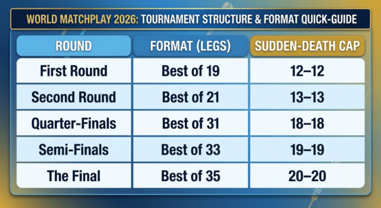 Infographic displaying the 2026 World Matchplay tournament structure, match leg lengths, and sudden-death caps by round